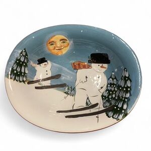 Sakura Oneida David Carter Brown Holiday Christmas Skiing Snowman Serving Bowl